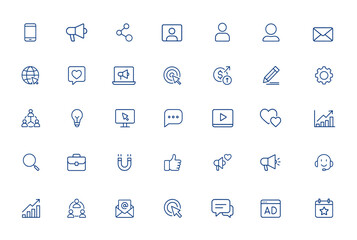 Digital marketing and social media icon line set with editable stroke. Includes smartphone, communication, network, follower, message, cyberspace, advertisement and more.