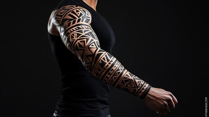 Tribal sleeve design with bold, interconnected patterns.
