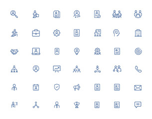 Editable recruitment and hiring icon set for job search, interview, career change, and employment. Includes business, corporation, HR, handshake, application, smartphone, training, contact and more.