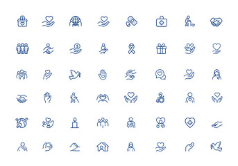 Naklejka premium Editable charity and volunteer icon collection featuring donation, welfare, medical care, assistance, support, cooperation, handshake, wheelchair, gift, heart, people, help, love and more.