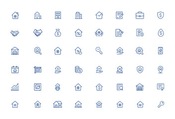 Line icons for real estate, property, house, condo, apartment, rental, building, business, contract, investment, auction, loan, key, handshake, nest egg, garage, vector, pictogram and more.