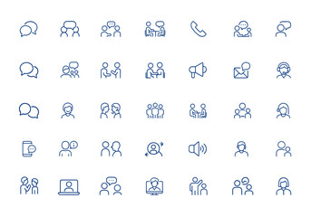 Conversation and talking icon set – editable speech, discussion, meeting, call, chat, communication, dialogue, teamwork, consultation, announcement, message, support, operator, client and more.