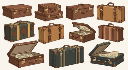 Illustration of multiple vintage suitcases in various styles and arrangements on a white background