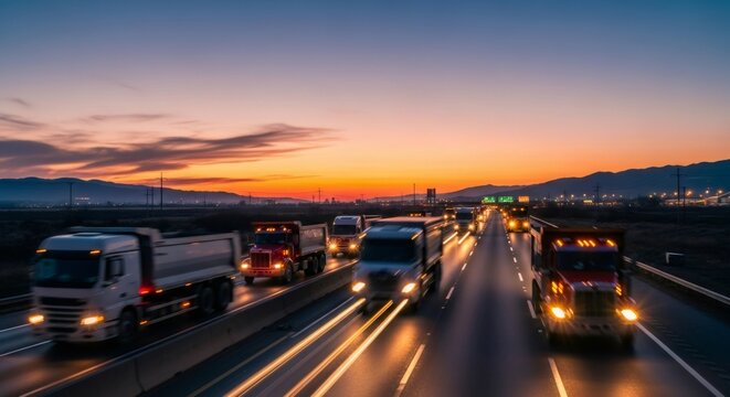 Long exposure shot of a highway with heavy traffic including blurred trucks driving at beautiful sunset or sunrise. - Powered by Adobe