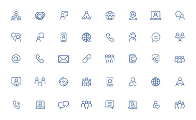 Editable communication line icon set for business, teamwork, partnership, online network, mobile phones, tablet, cyberspace, discussion, relationship, email, call, member, vector and more.