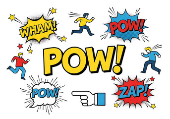 Comic speech bubbles with cartoon man running and hand pointing isolated on white background