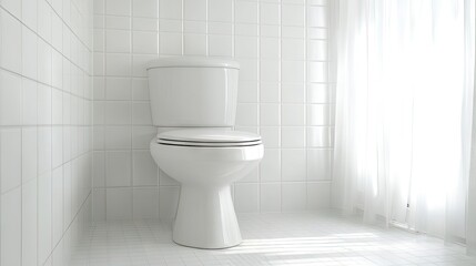 Clean modern toilet bowl in a bright domestic bathroom, featuring white tiles and natural lighting for a fresh look