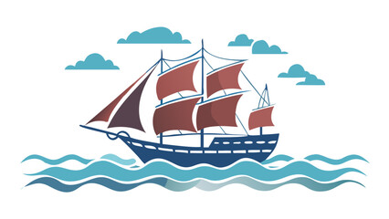 Fototapeta premium A sailing ship, dark hull, red sails, on wavy sea, under clouds. 