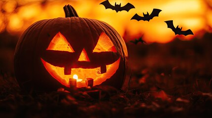 Close-up of a glowing carved pumpkin lantern, bats in silhouette against an orange twilight horizon, eerie yet festive ambiance
