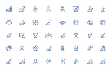 Business growth and teamwork icons in line style. Editable stroke vector illustration for management, innovation, success, leadership, strategy, development, progress, achievement and more.