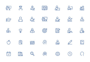 Editable study and learning icon collection with training, student, classroom, textbook, personal computer, notebook, graduation, reading, writing, success, effort and more.
