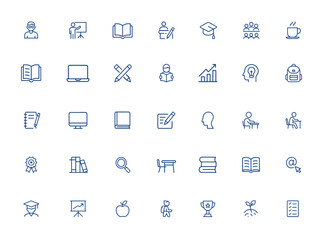 Editable study and learning icon set with student, training, reading, classroom, graduation, notebook, textbook, personal computer, stationary, effort, growth, vector illustration and more.