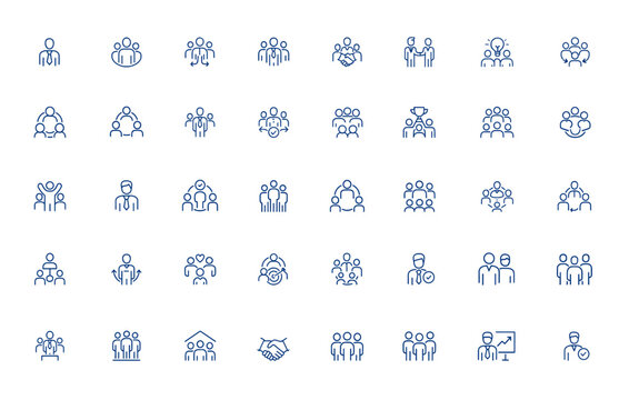 Teamwork and business cooperation icon with businessman symbol. Editable stroke vector illustration for corporate, collaboration, partnership, leadership, group, success, strategy and more. - Powered by Adobe