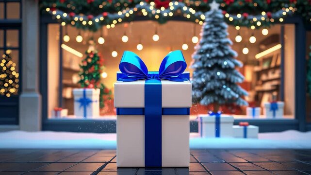 Festive Christmas gift box with blue ribbon on snowy street in front of decorated store window and illuminated holiday tree