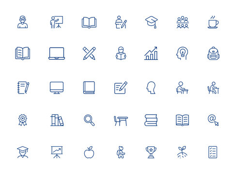 Editable study and learning icon set with student, training, reading, classroom, graduation, notebook, textbook, personal computer, stationary, effort, growth, vector illustration and more.