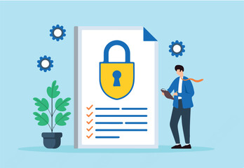 Flat illustration of man reviewing security policies and protocols to ensure compliance with industry standards