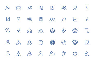 Editable recruitment and hiring icon set for job change, interview, employment, career, and manpower. Includes business, application, corporate, HR, handshake, smartphone, training and more.