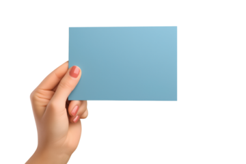 woman holding a blank rectangular piece of brown paper isolated on white or transparent background.PNG