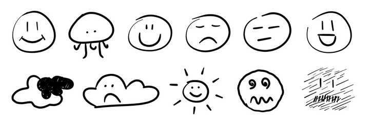 set of black hand drawn smiley icons with sun and clouds isolated on white or transparent png