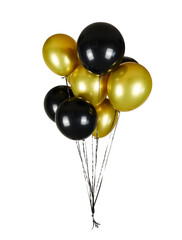 black and gold balloons cluster on strings isolated on white or transparent png © David Kreuzberg