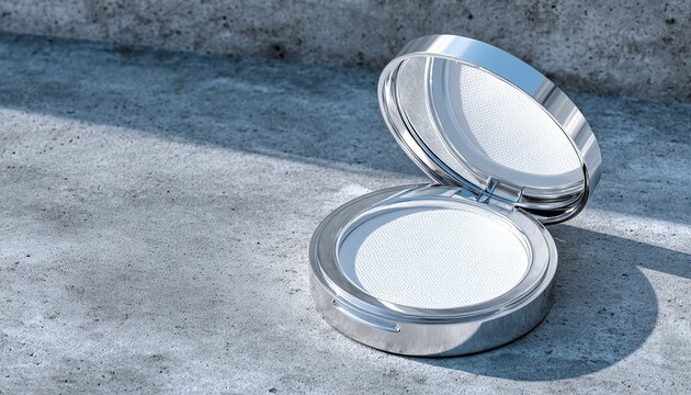 Compacto specchio argento aperto con cipria bianca su sfondo grigio cemento con ombre.