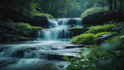 Fototapeta premium A serene forest stream with cascading waterfalls surrounded by lush greenery and rocks.