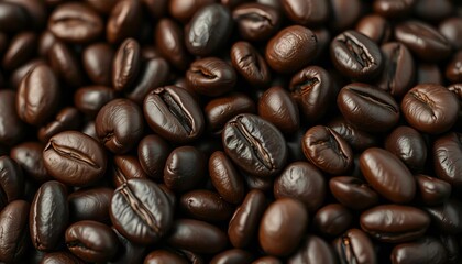 Fototapeta premium Dark, oily roasted coffee beans, close-up detail, warmth, product