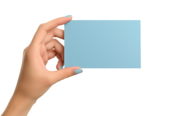 woman holding a blank rectangular piece of brown paper isolated on white or transparent background.PNG