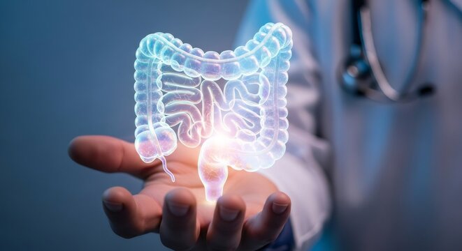 A doctor holding a digital human intestine in his hand, a concept of bowel health, colorectal research, and gut wellness.