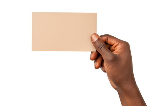 Man holding a blank rectangular piece of brown paper isolated on white or transparent background