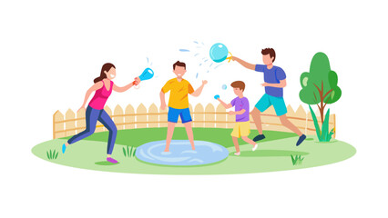 Fototapeta premium Family plays with water balloons in a puddle. 