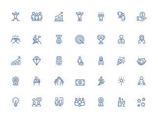 Business success icon pack editable vector: achievement, teamwork, corporate growth, victory, celebration, income, cooperation, goal, award, handshake, employee, career and more.