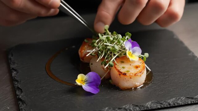 Gourmet Seared Scallops with Microgreens and Pansies - Close-up shot of a chef delicately plating three seared scallops on a black slate.