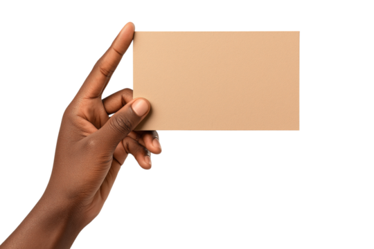 Man holding a blank rectangular piece of brown paper isolated on white or transparent background