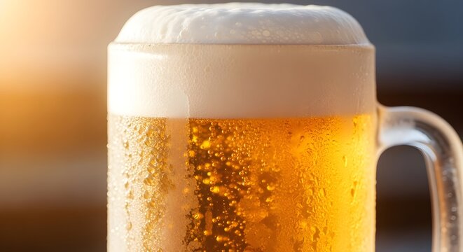 "Close-up of a frosty beer mug with golden beer and foam, sunlight hitting glass"