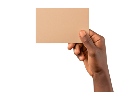 Man holding a blank rectangular piece of brown paper isolated on white or transparent background
