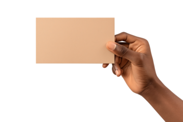 Man holding a blank rectangular piece of brown paper isolated on white or transparent background