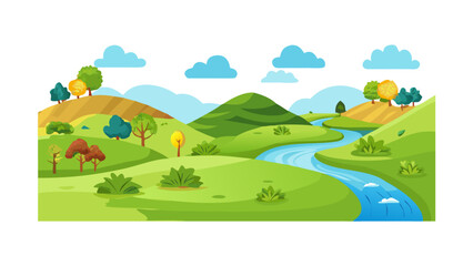 Obraz premium Rolling hills, lush green fields, a winding river. Peaceful countryside scene. 