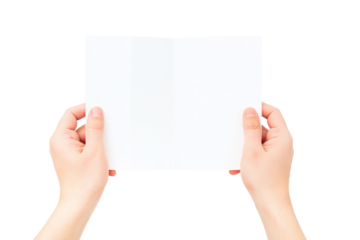 Hands holding trifold empty brochure, slightly folded, isolated PNG