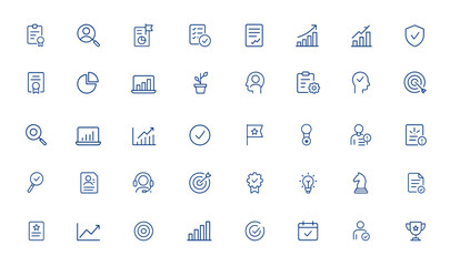 Quality assessment and audit line icons with editable stroke. Vector illustration featuring analysis, planning, evaluation, process, results, goals, business metrics, performance, strategy and more.