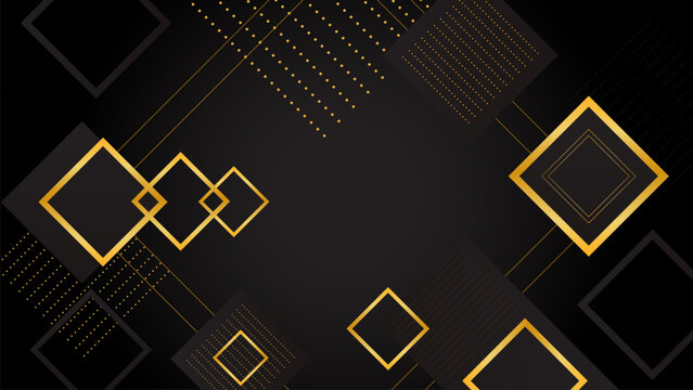 Vector abstract background with intersecting golden squares on black. Stylish luxury design with a modern geometric feel, perfect for premium branding, presentations or elegant invitations.