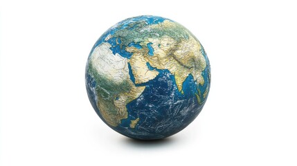 Obraz premium Earth globe showing detailed topography and oceans, placed on a white background for educational purposes
