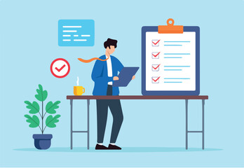 Flat illustration of man office worker organize business checklist on desk