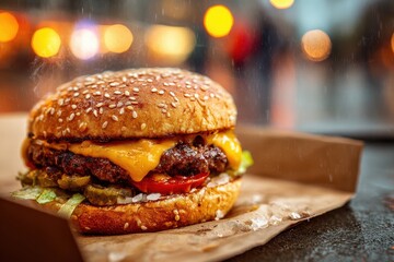 Close-up shot capturing a delicious cheeseburger on a rainy day, showcasing its juicy patty, melted cheese, and fresh toppings against a blurred city backdrop.
