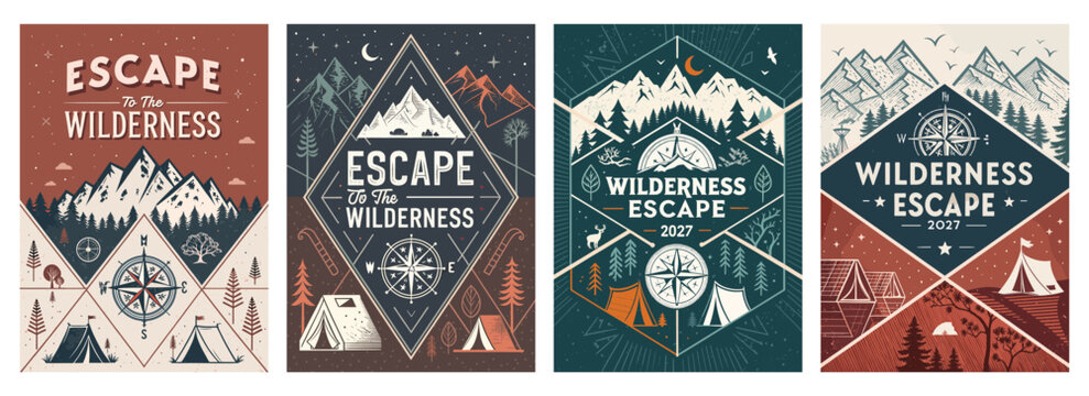 Stylish wilderness-themed posters featuring mountains, forests, and camping elements, perfect for outdoor enthusiasts.