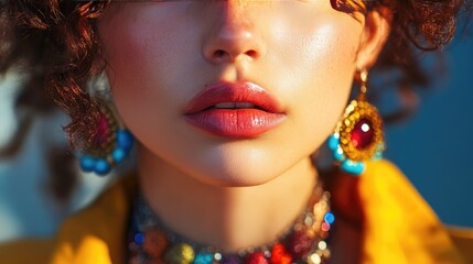 Obraz premium Fashion close-up of a woman with a bold statement necklace, capturing the textures, colors, and stylish aesthetic