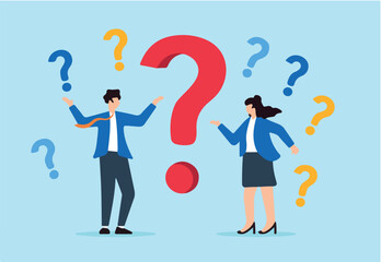 Flat illustration of businessman and businesswoman stand surrounded confused question mark doubt complexity complicated problem misunderstanding trouble 