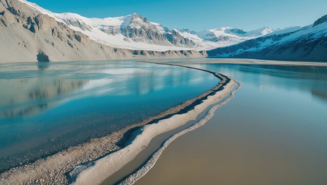Aerial view of a glacier lake with a winding sediment deposit, surrounded by snow-covered mountains under a clear blue sky.