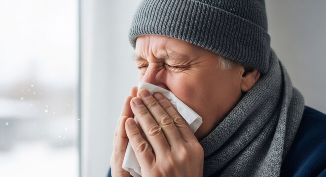 Senior man sneezing with tissue. Older male having allergy symptom. Health care concept for seasonal illness and flu prevention.