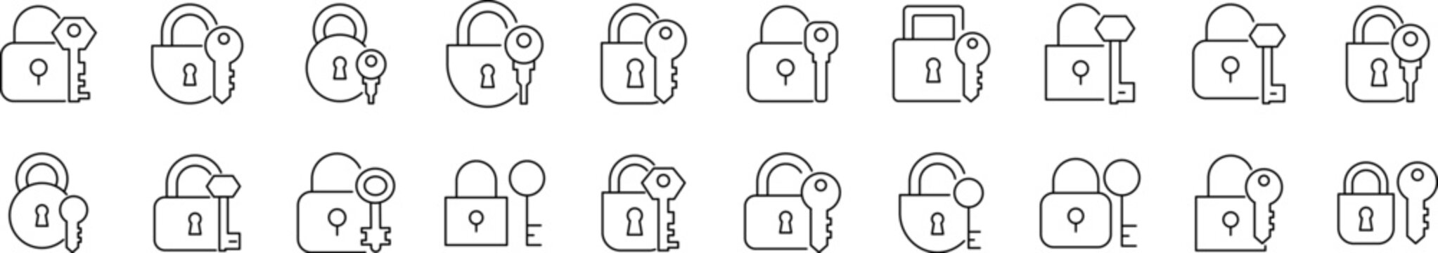 Set of House Related Line Icons. Lock with Key Outline Signs for Graphic and Web Design, Apps, Adverts, Various Cards